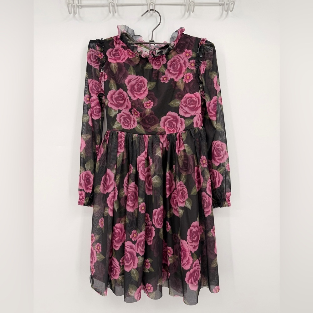 ZAC Kids Floral Mesh Long Sleeve Dress Girls 7/8 Pink Rose Party Holiday